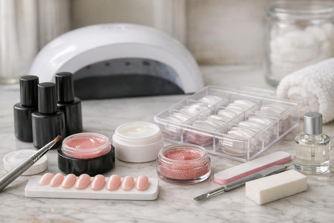 assorted false nail gels and tools on table