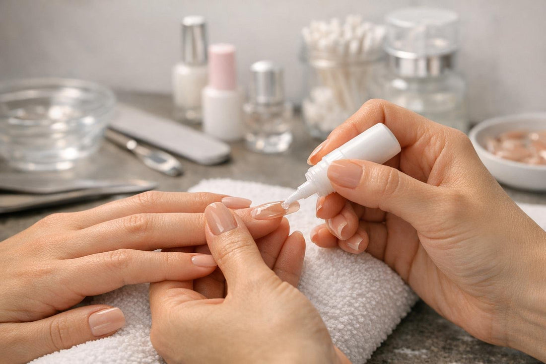 Toronto nail tech applying press-on with adhesive