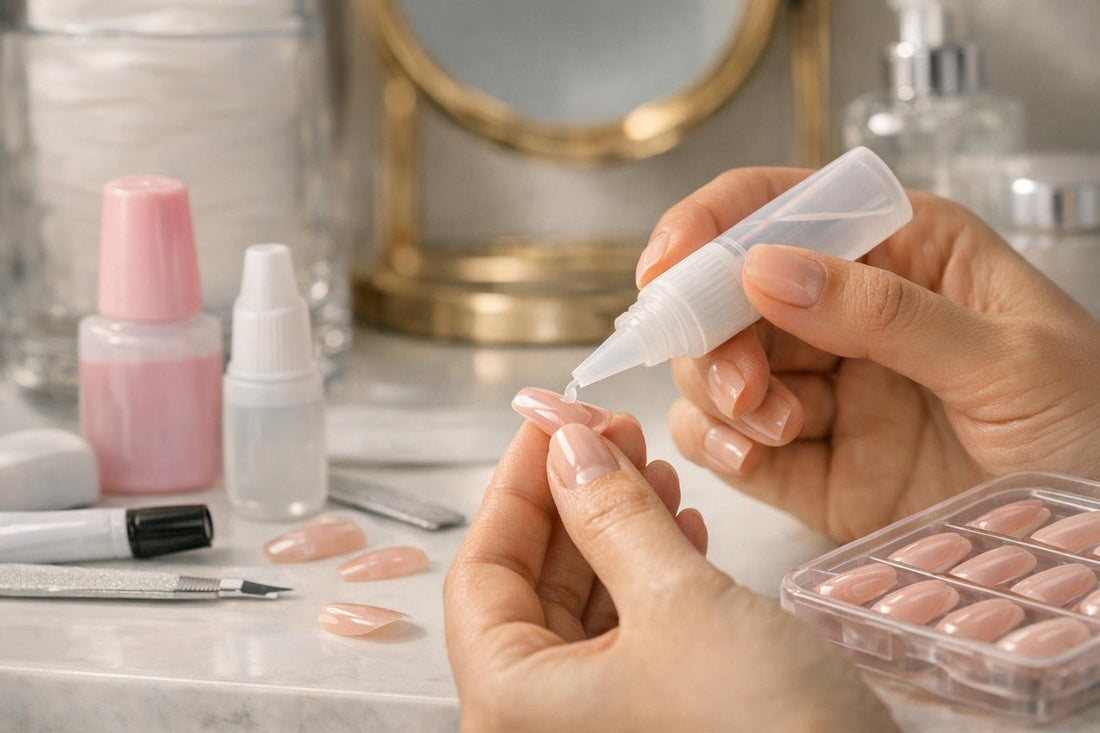 Close-up of false nail glue application in Toronto