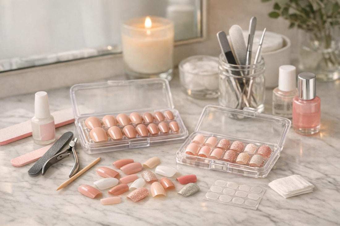 Assorted false nails and nail tools on table