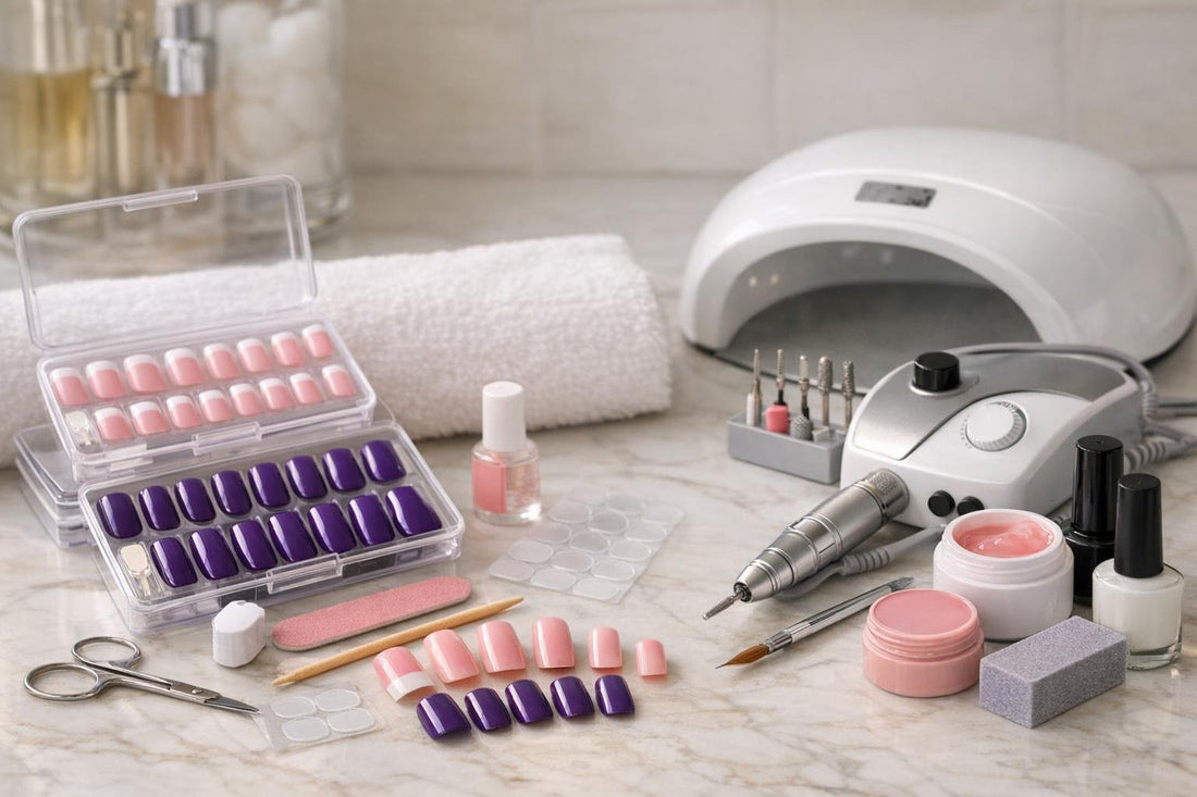 assorted press-on nails and salon nail tools on table
