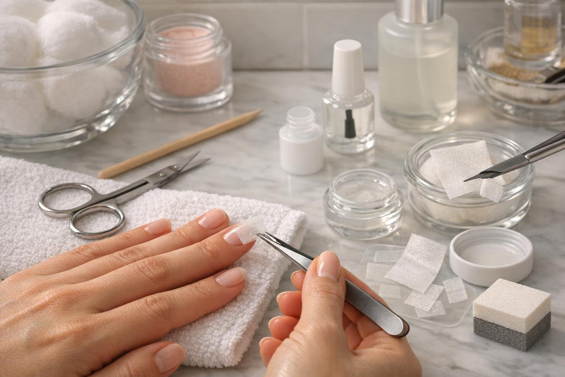close-up fiberglass silk nail wrap repair tutorial