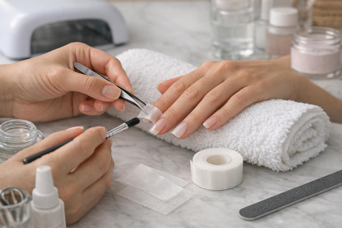 Close-up of fiberglass and silk nail wraps being applied