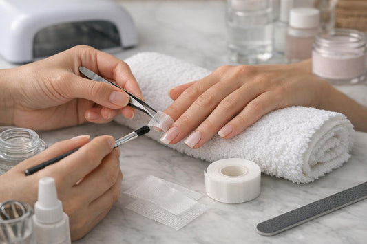 Close-up of fiberglass and silk nail wraps being applied