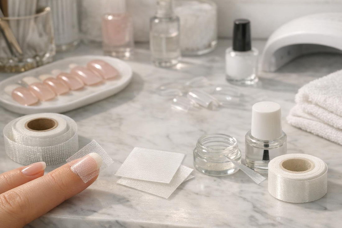 Close-up of fiberglass and silk nail wraps on hand