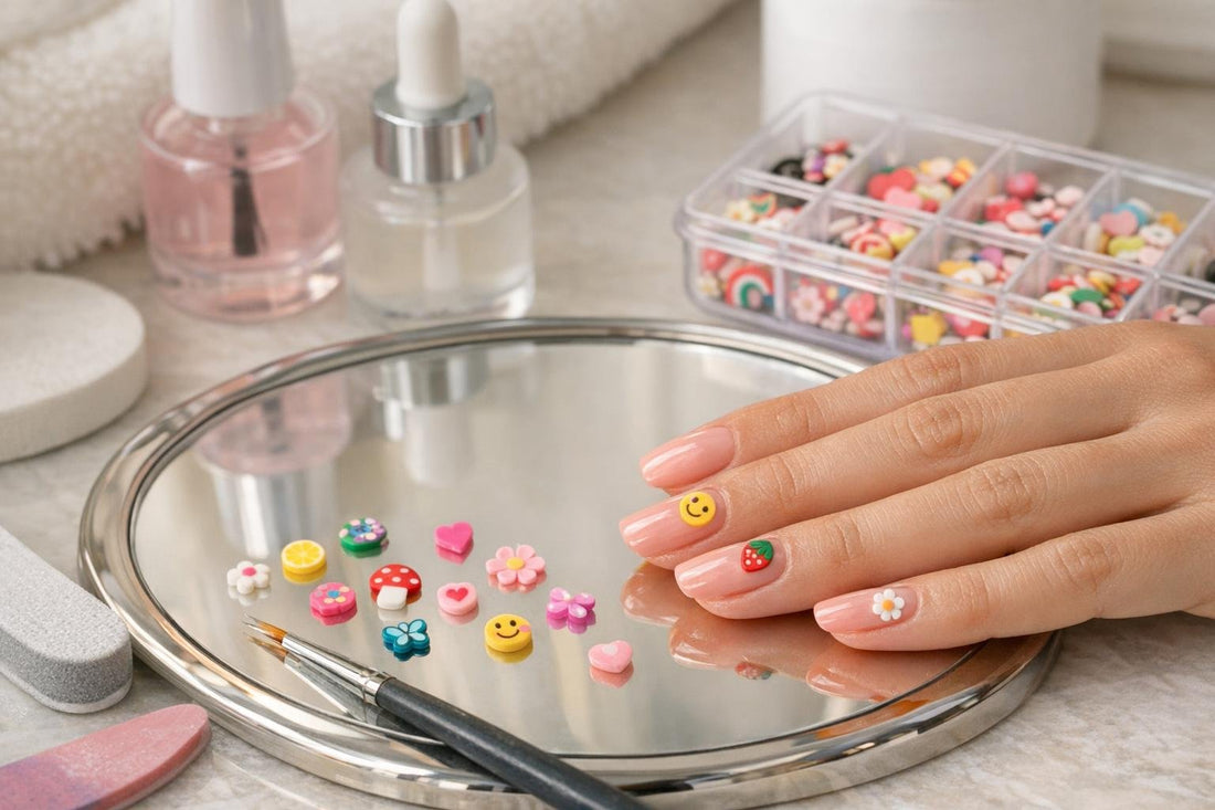 Colourful fimo nail art charms on glossy DIY manicure