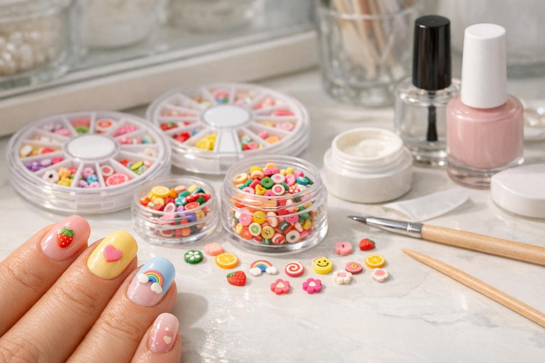 Cute fimo nail art charms on manicured nails