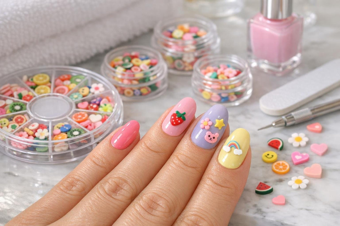 Fimo nail art charms placed on glossy pastel nails