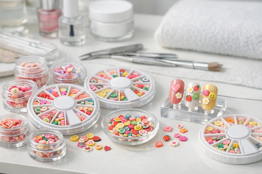 Fimo nail art charms assortment on a manicure table