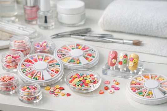 Fimo nail art charms assortment on a manicure table