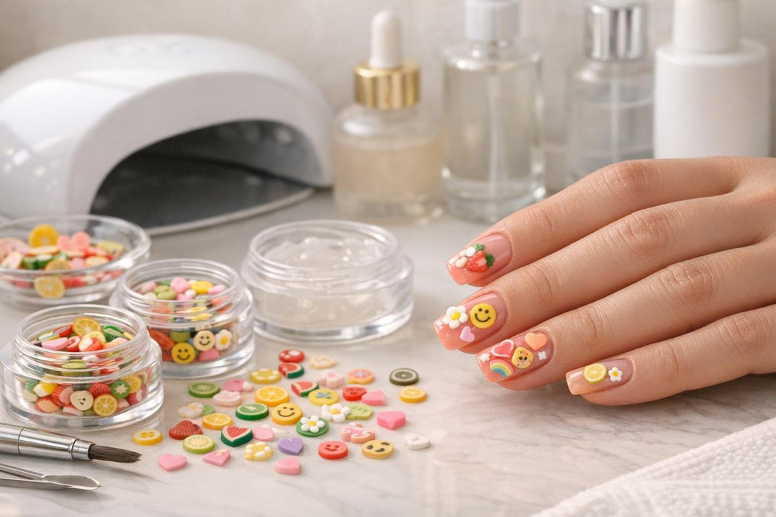Fimo nail art charms on gel manicure