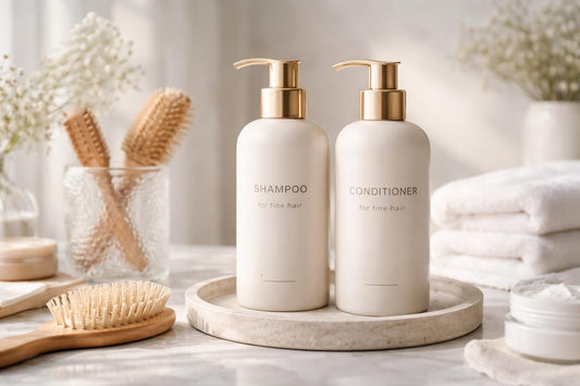 Fine hair shampoo and conditioner set on counter