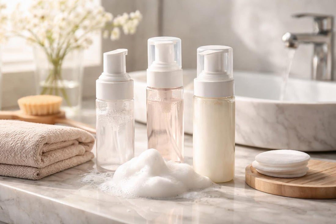 Foaming makeup cleanser lather beside soft towel and water
