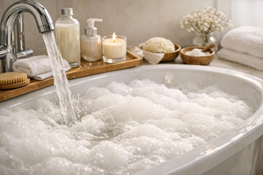 Foamy bubble bath in a tub with running water