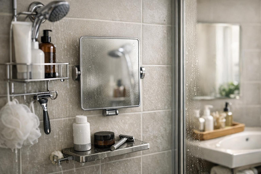Fog resistant shower mirror in small bathroom