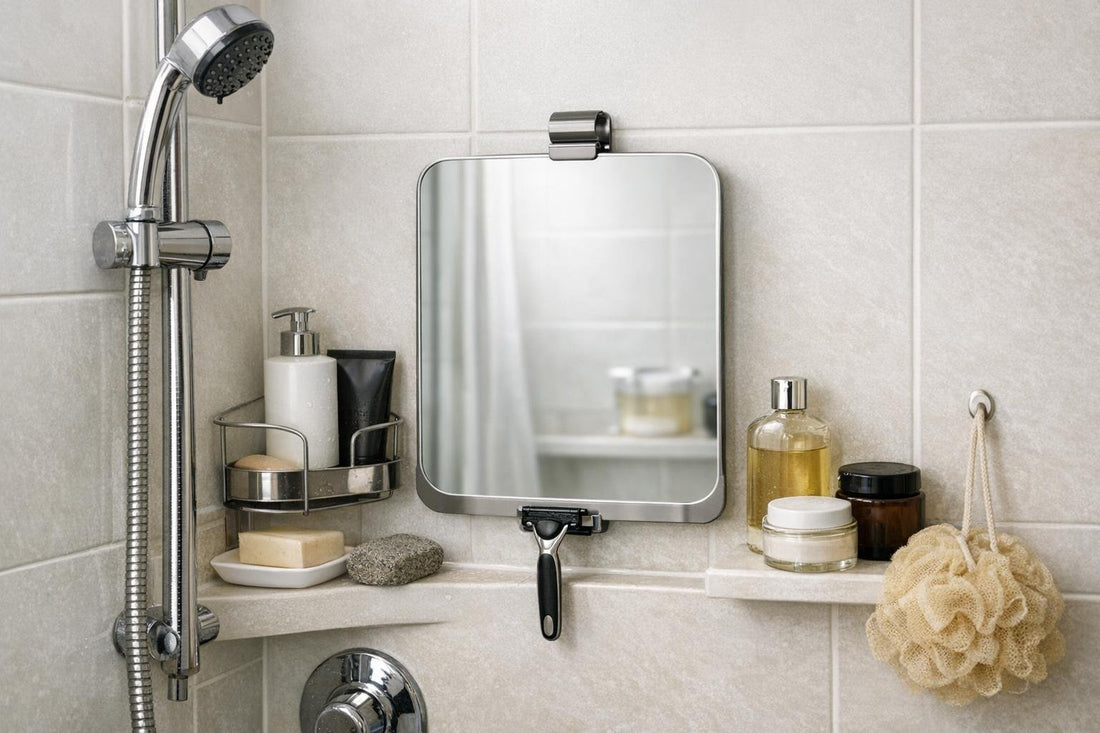 Fog resistant shower mirror installed in small Ontario bathroom