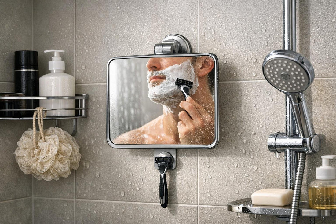 Fog-resistant shower mirror mounted on tile for shaving
