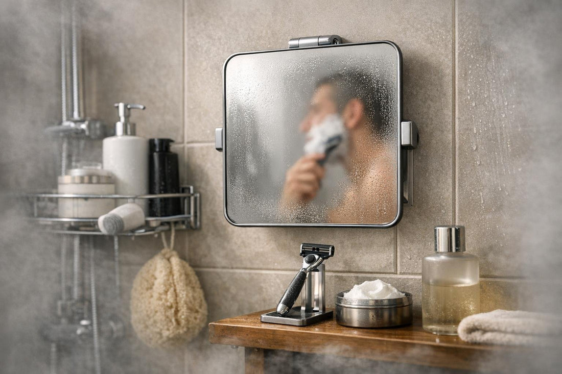 Fog resistant shower mirror staying clear in steamy bathroom