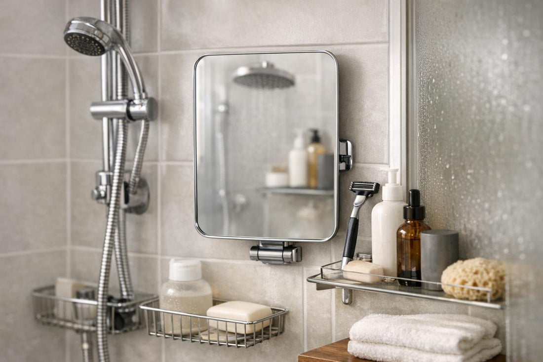 fog-resistant shower mirror installed in small bathroom