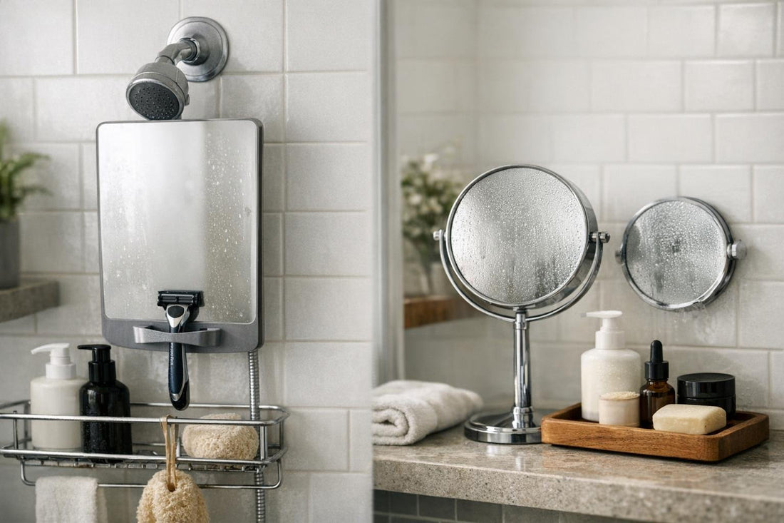 fog-resistant shower mirror in small bathroom setting