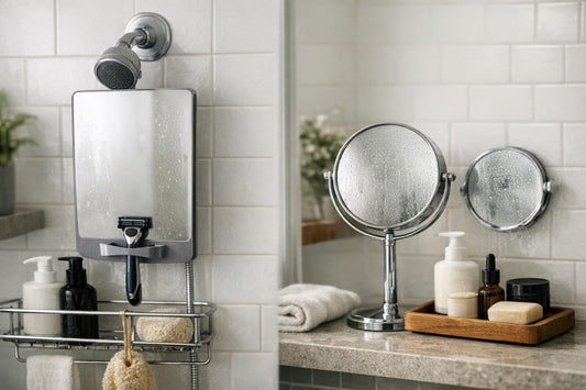 fog-resistant shower mirror in small bathroom setting