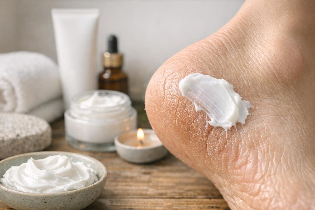 Close-up of moisturizing foot cream applied to cracked heel