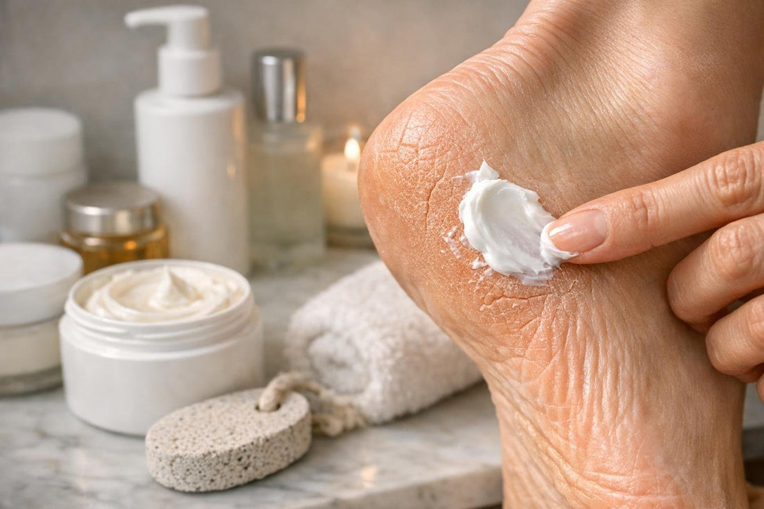 Close-up of foot cream being applied to cracked heel