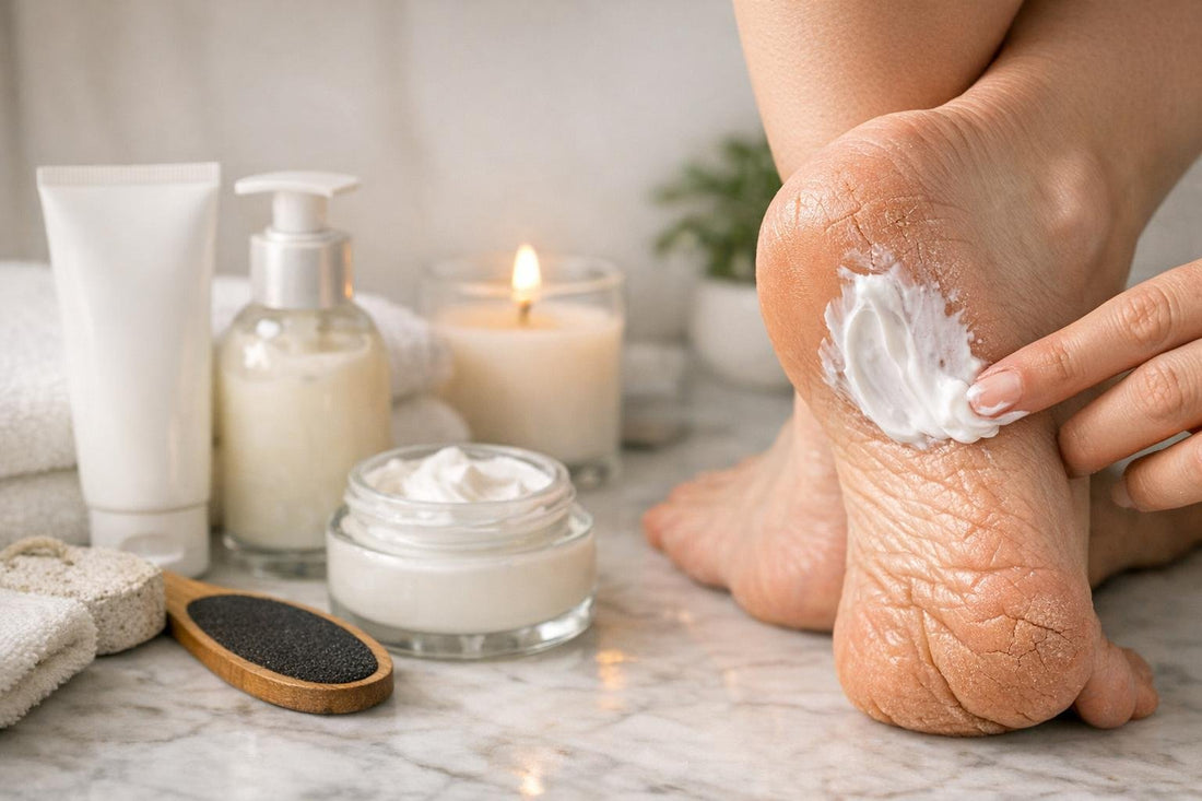 Moisturizing foot cream applied to cracked heels