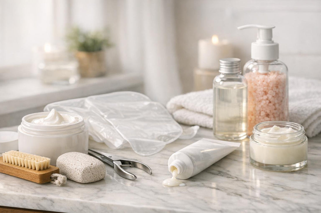 Troubleshooting foot and hand care products on table