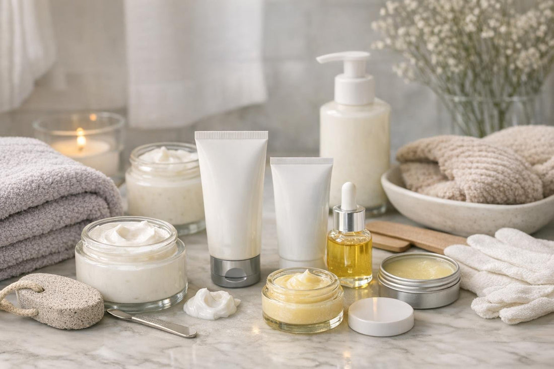 winter hand and foot care products on table