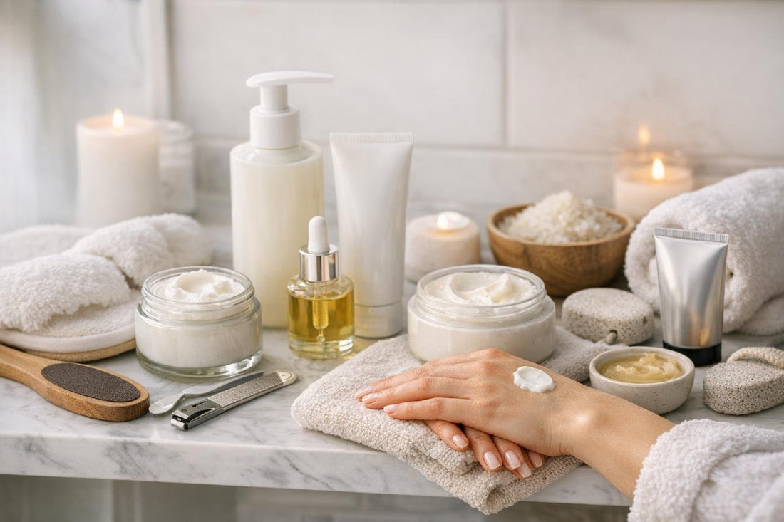 Winter hand and foot care products on shelf
