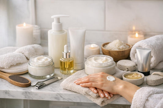 Winter hand and foot care products on shelf