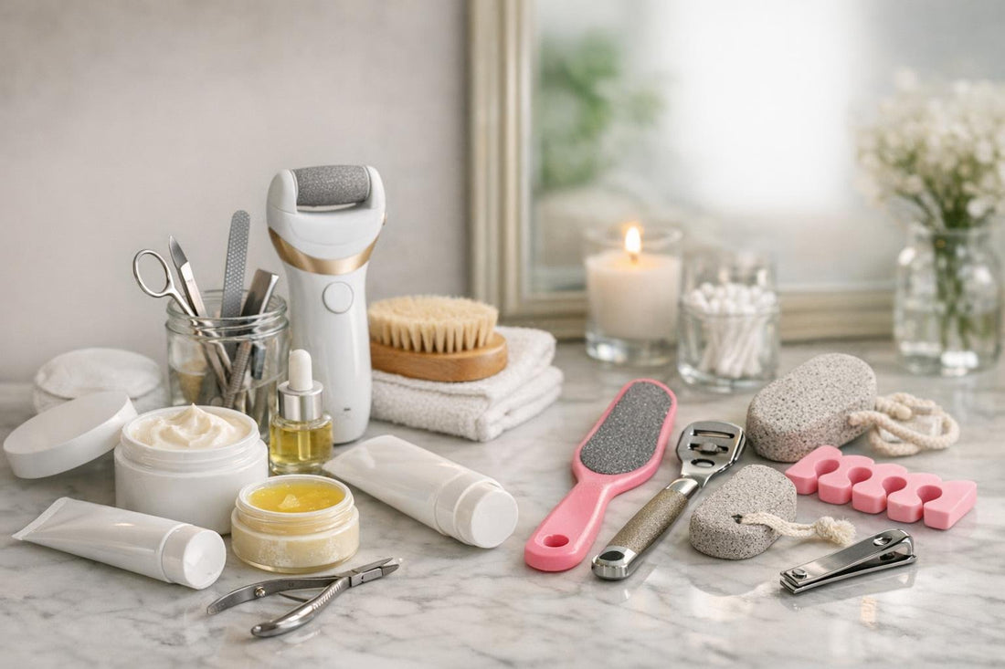 At-home pedicure tools and hand creams flatlay
