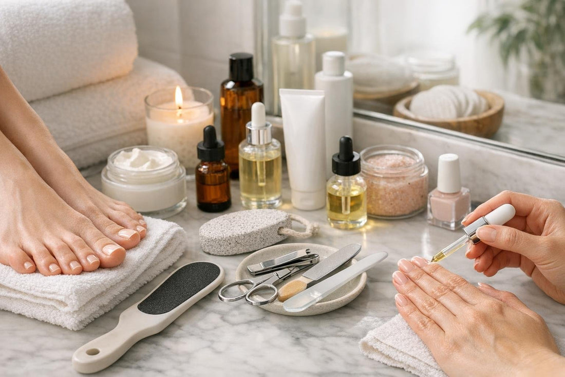 Hands and feet grooming routine with nail care tools