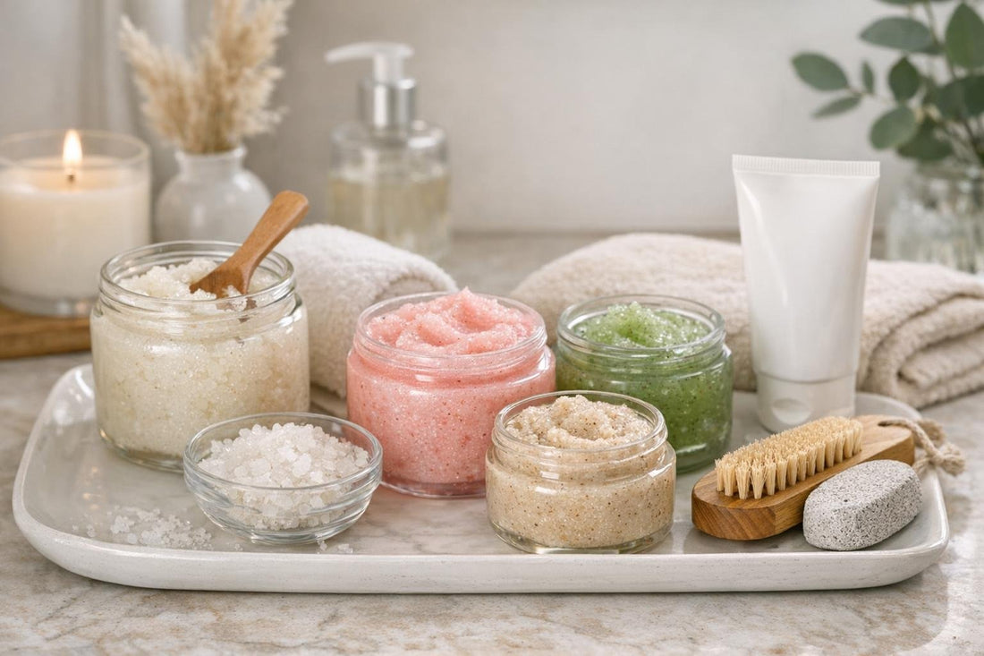 Gentle foot and hand scrub products on tray