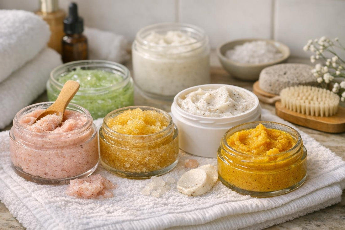 assorted foot and hand scrubs on towel