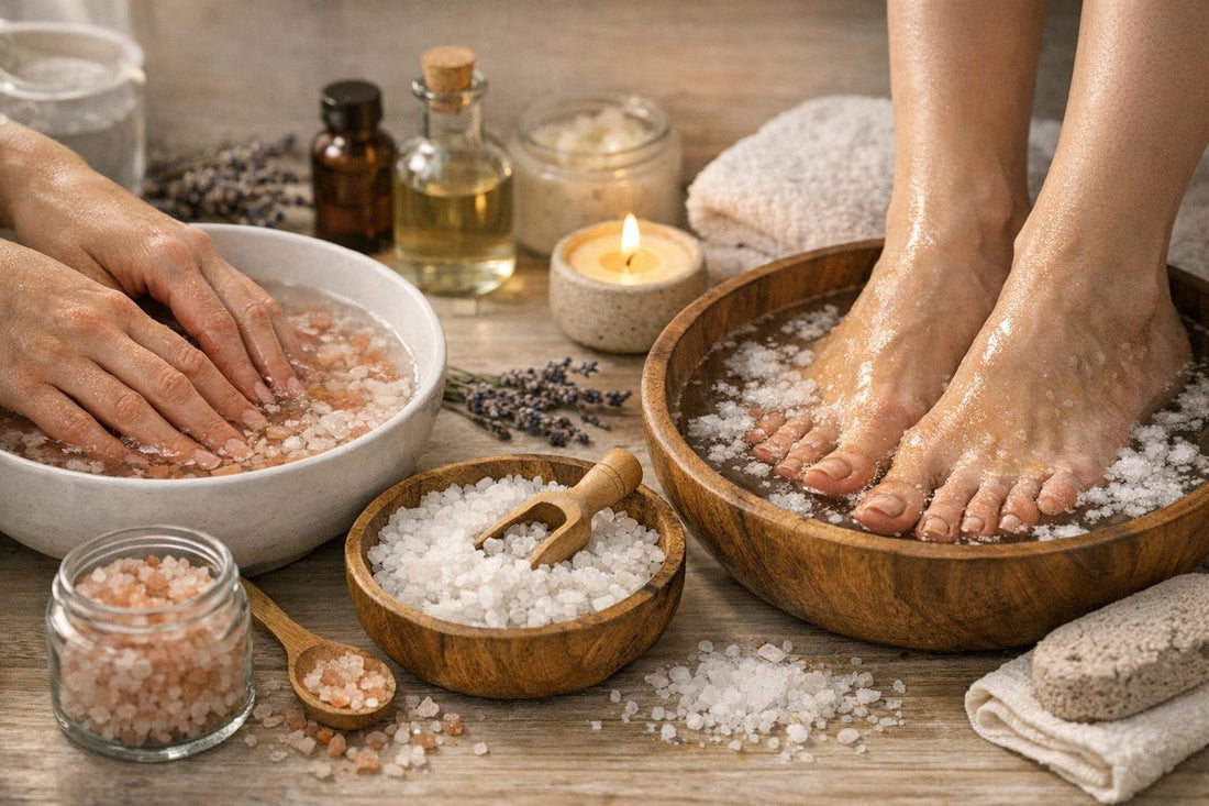 Hands and feet soaking with salts for winter care