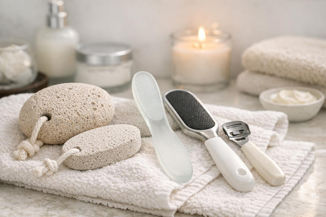 Natural pumice stones and callus tools on towel