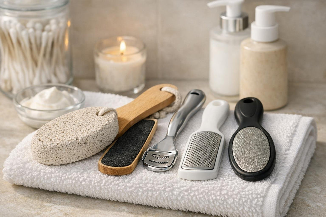 Pumice stone and callus tools on towel in bathroom