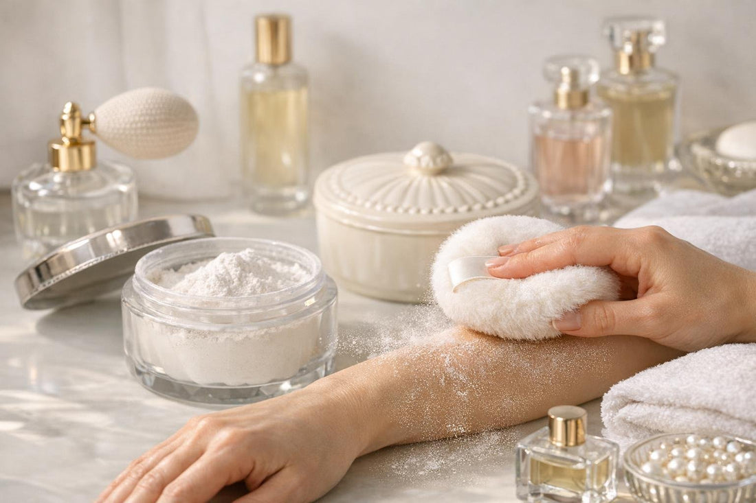 Applying fragrance dusting powder with puff for dry skin