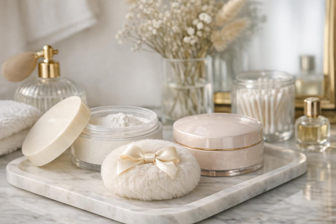 Fragrance dusting powders and puff on vanity in Alberta