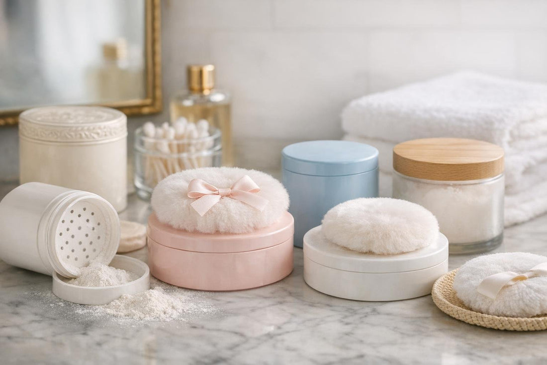 Assortment of fragrance dusting powders for sensitive skin