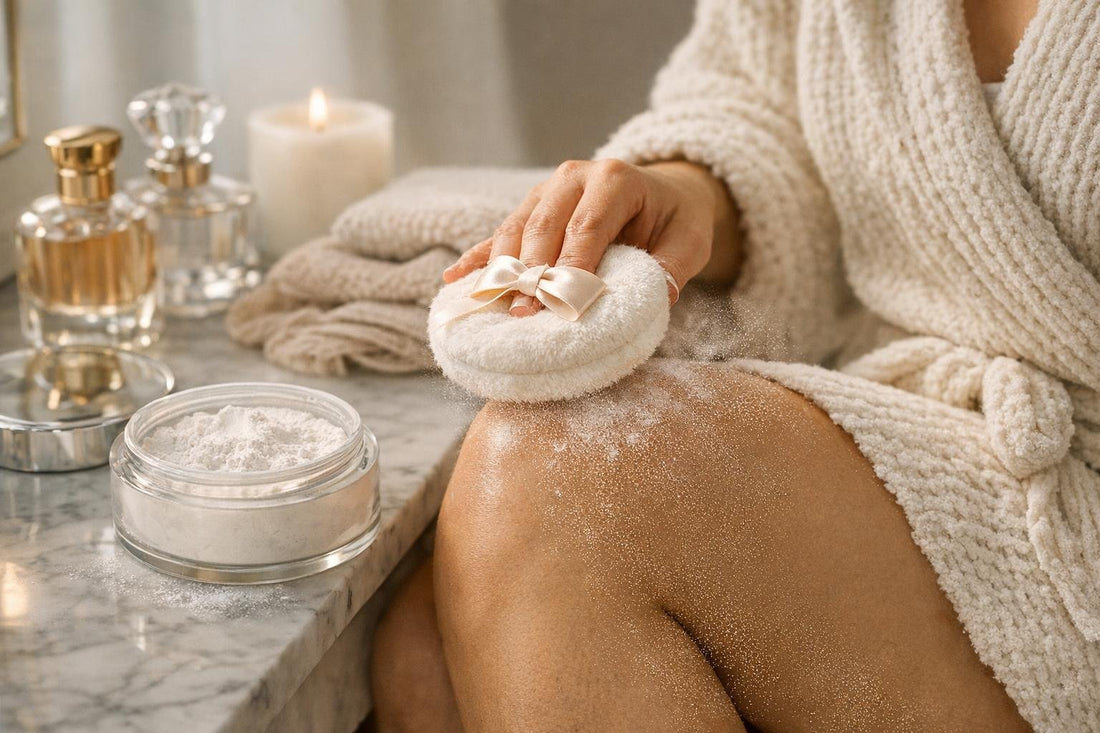 Applying fragrance dusting powder on skin in winter