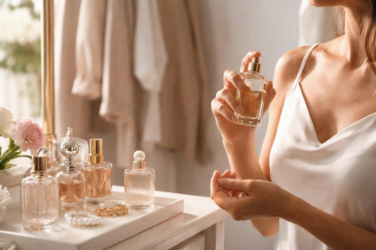 Woman applying perfume near clothing without stains