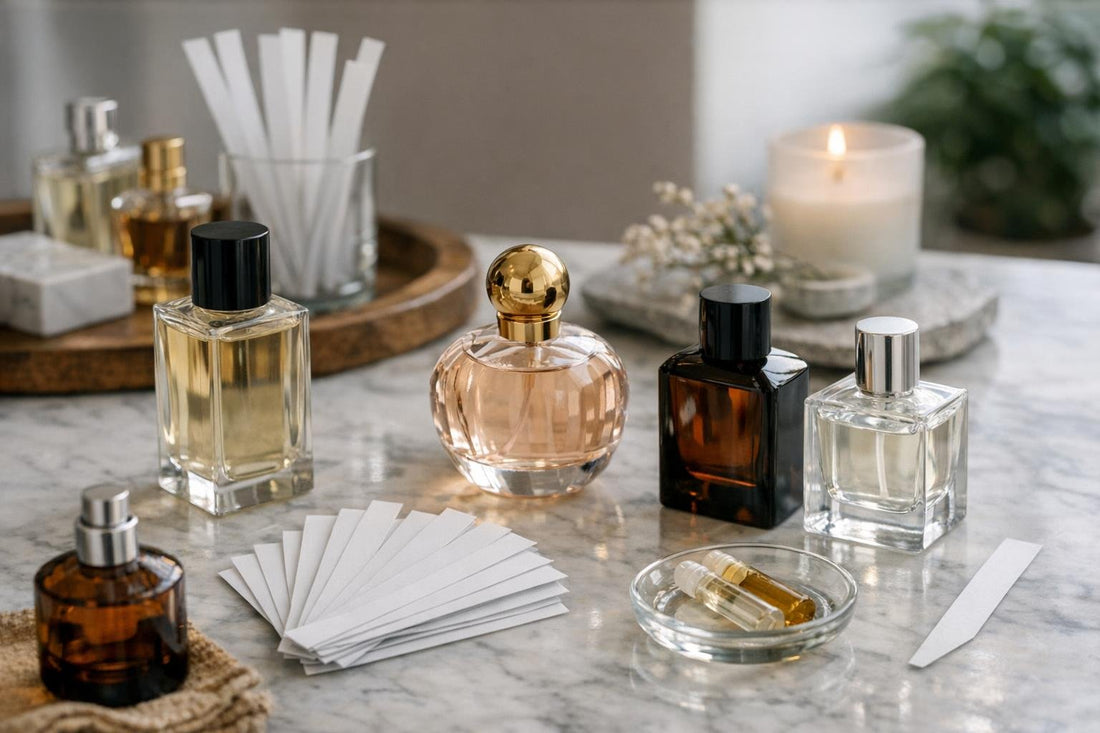 Perfume bottles and tester strips for choosing a fragrance