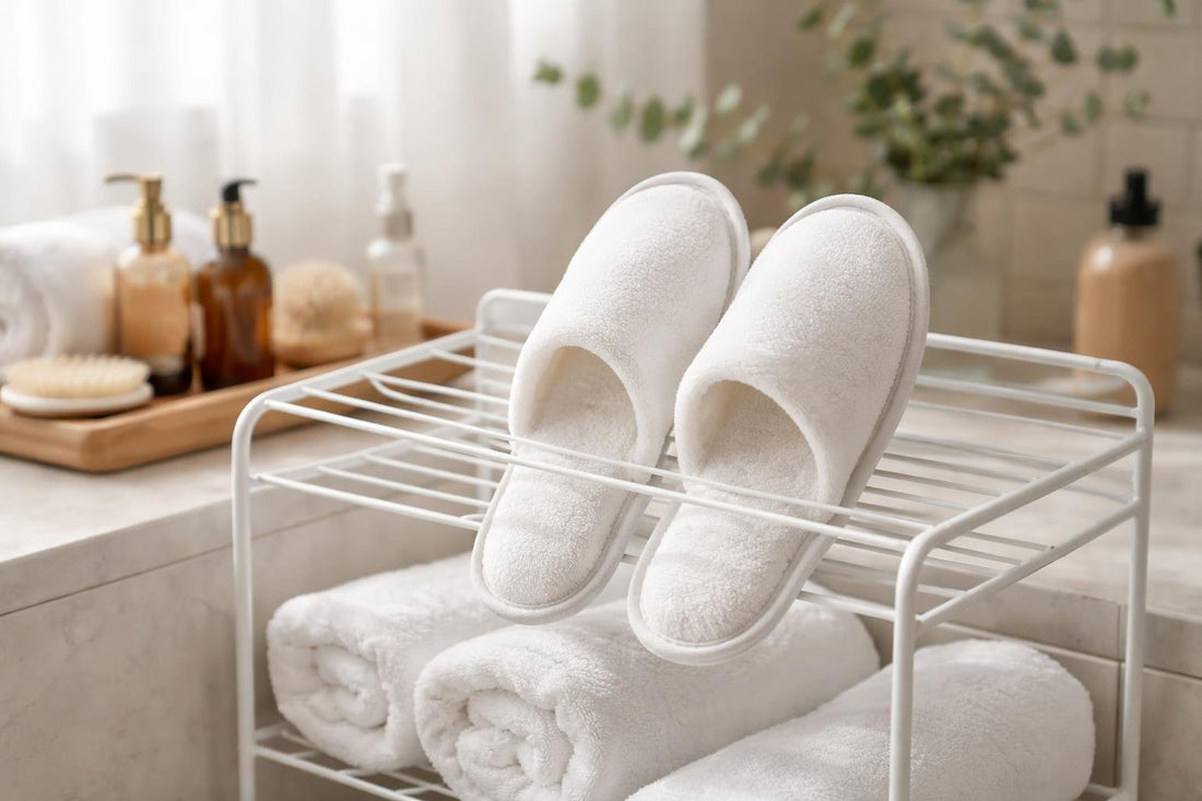 Fresh, clean spa slippers drying on a ventilated rack