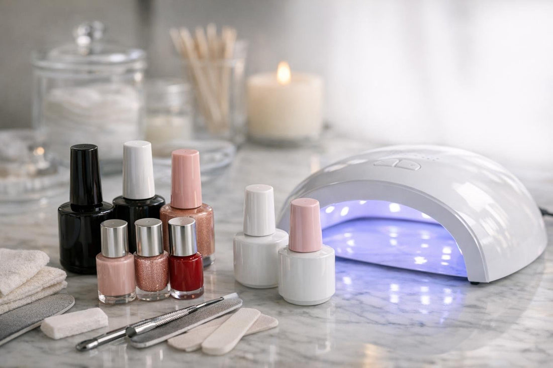 Assorted gel nail polish bottles with curing lamp