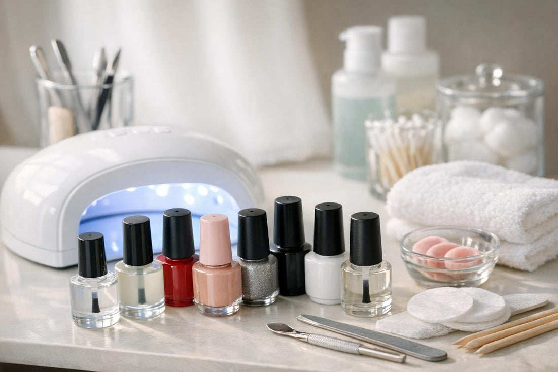 Close-up of gel manicure kit and bottles