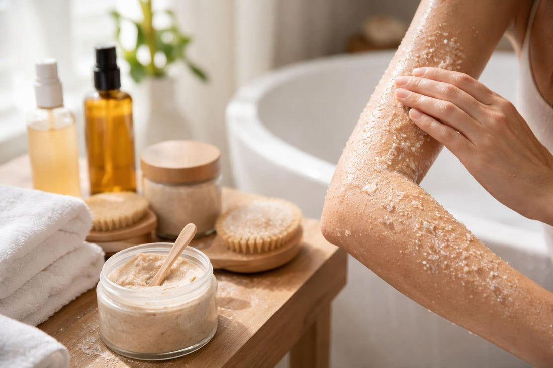 Gentle exfoliating body scrub used on arm in shower