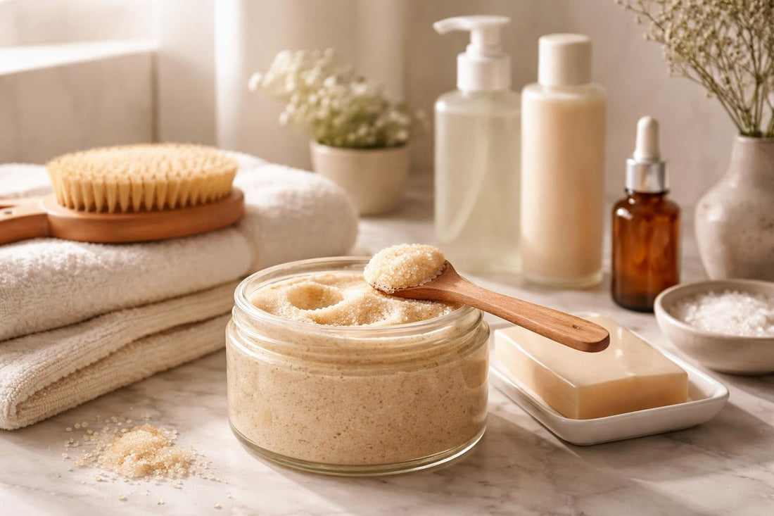 Gentle exfoliating body scrub used on damp skin